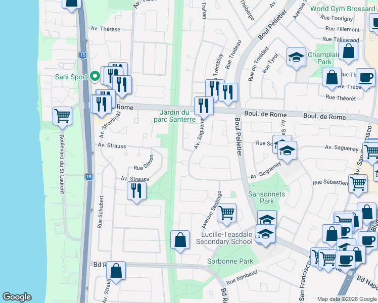 map of restaurants, bars, coffee shops, grocery stores, and more near 960 Rue Sénécal in Brossard