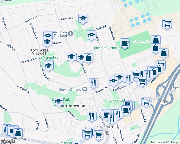 map of restaurants, bars, coffee shops, grocery stores, and more near 2122 Grafton Crescent in Ottawa