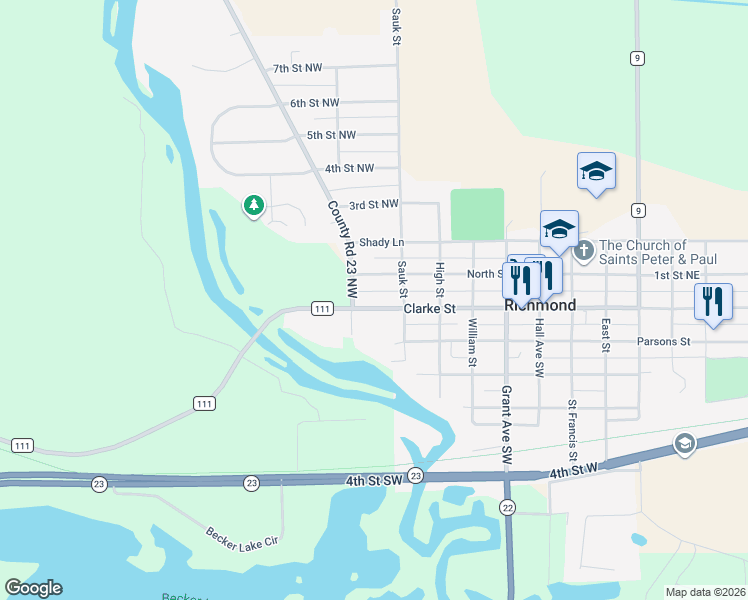 map of restaurants, bars, coffee shops, grocery stores, and more near 530 Main Street West in Richmond