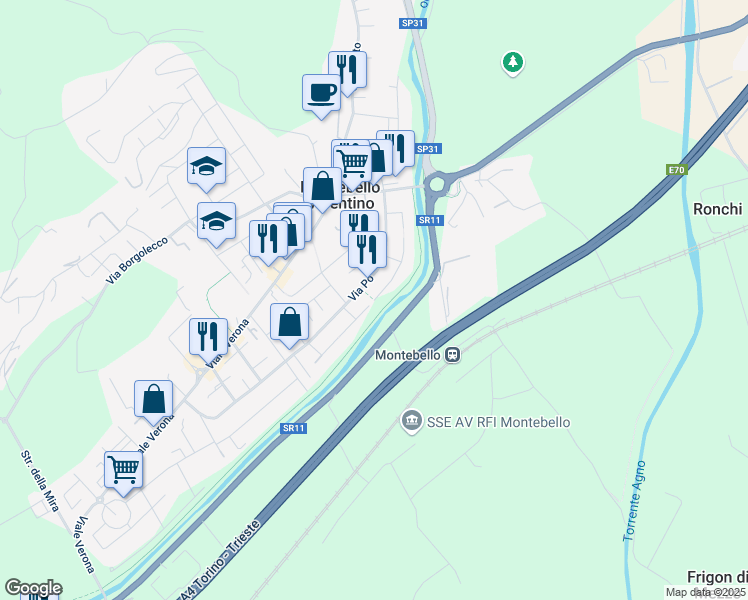 map of restaurants, bars, coffee shops, grocery stores, and more near 251 Via Adige in Montebello Vicentino