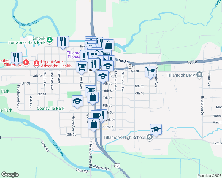 map of restaurants, bars, coffee shops, grocery stores, and more near 515 Laurel Avenue in Tillamook
