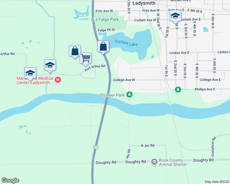 map of restaurants, bars, coffee shops, grocery stores, and more near 700 College Avenue West in Ladysmith