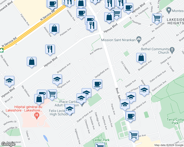 map of restaurants, bars, coffee shops, grocery stores, and more near 118 Mason Avenue in Montreal