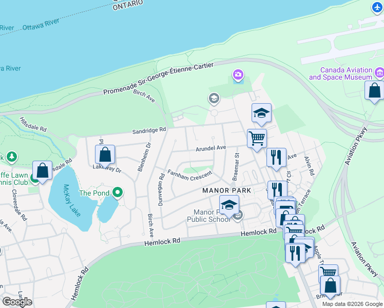map of restaurants, bars, coffee shops, grocery stores, and more near 32 Arundel Avenue in Ottawa