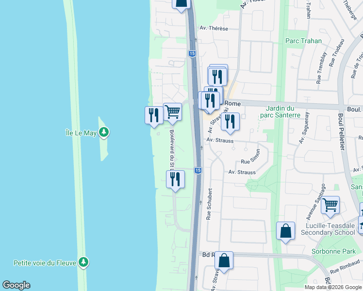 map of restaurants, bars, coffee shops, grocery stores, and more near 8065 Boulevard du Saint Laurent in Brossard