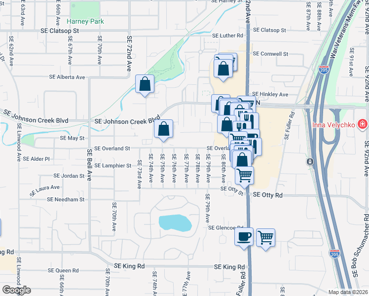 map of restaurants, bars, coffee shops, grocery stores, and more near 7709 Southeast Overland Street in Milwaukie