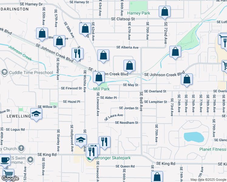 map of restaurants, bars, coffee shops, grocery stores, and more near 6423 Southeast Overland Street in Milwaukie