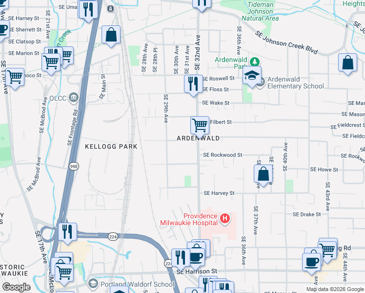 map of restaurants, bars, coffee shops, grocery stores, and more near 3040 Southeast Olsen Street in Milwaukie