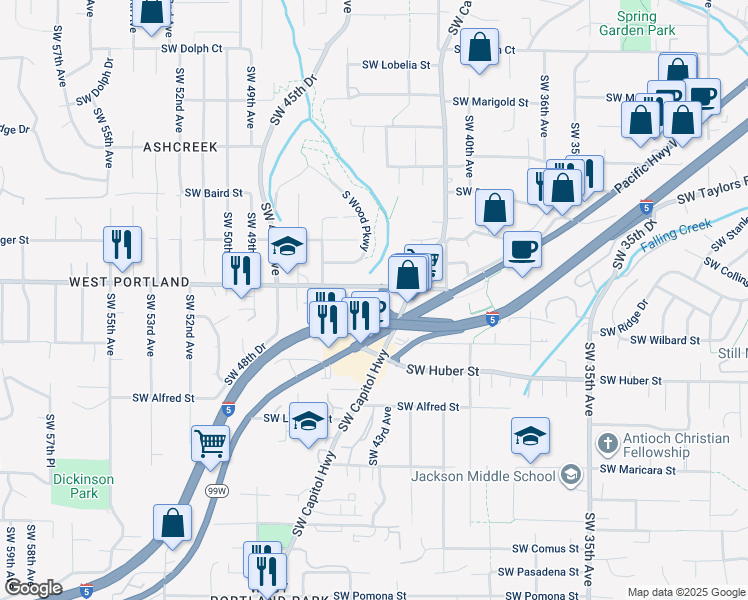map of restaurants, bars, coffee shops, grocery stores, and more near 4436 Southwest Taylors Ferry Road in Portland