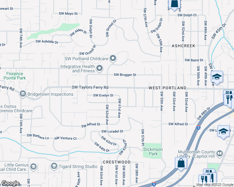 map of restaurants, bars, coffee shops, grocery stores, and more near 6049 Southwest Evelyn Street in Portland