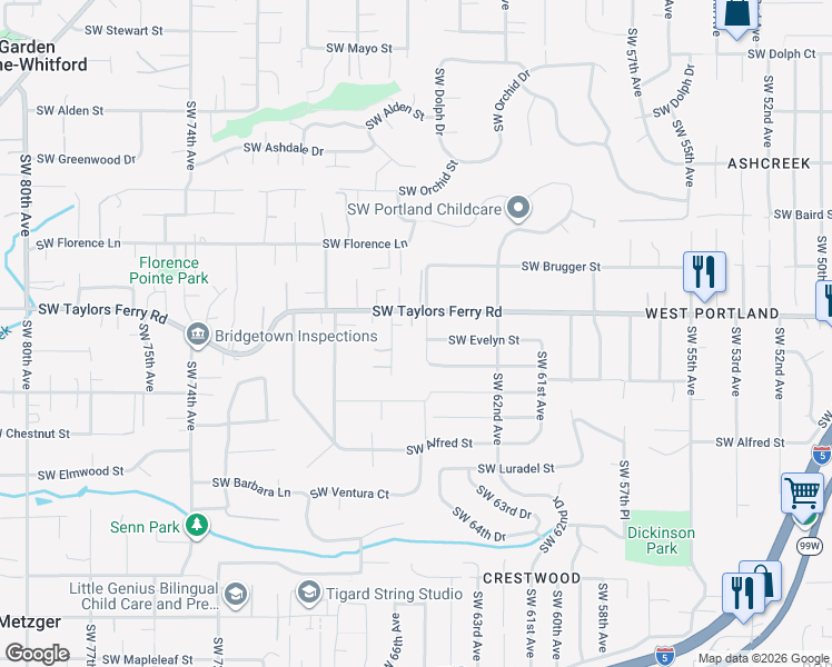 map of restaurants, bars, coffee shops, grocery stores, and more near 6446 Southwest Taylors Ferry Road in Portland