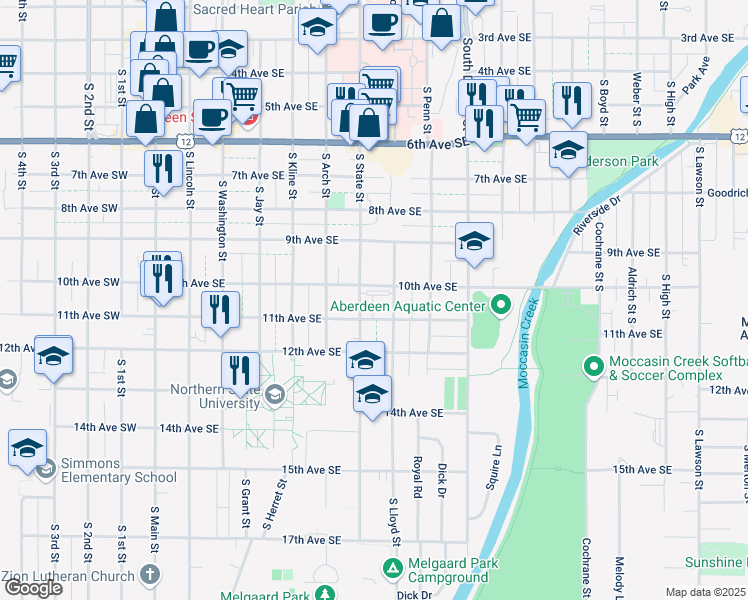 map of restaurants, bars, coffee shops, grocery stores, and more near 612 10th Avenue Southeast in Aberdeen