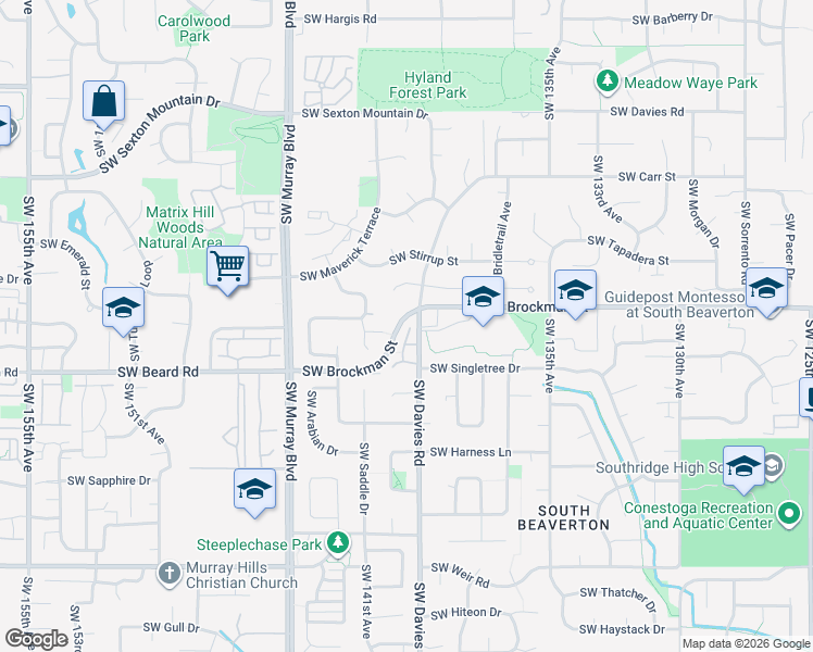 map of restaurants, bars, coffee shops, grocery stores, and more near 9075 Southwest Davies Road in Beaverton