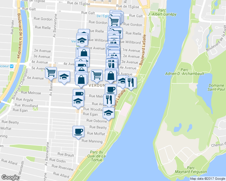 map of restaurants, bars, coffee shops, grocery stores, and more near 5210 Rue Wellington in Montréal