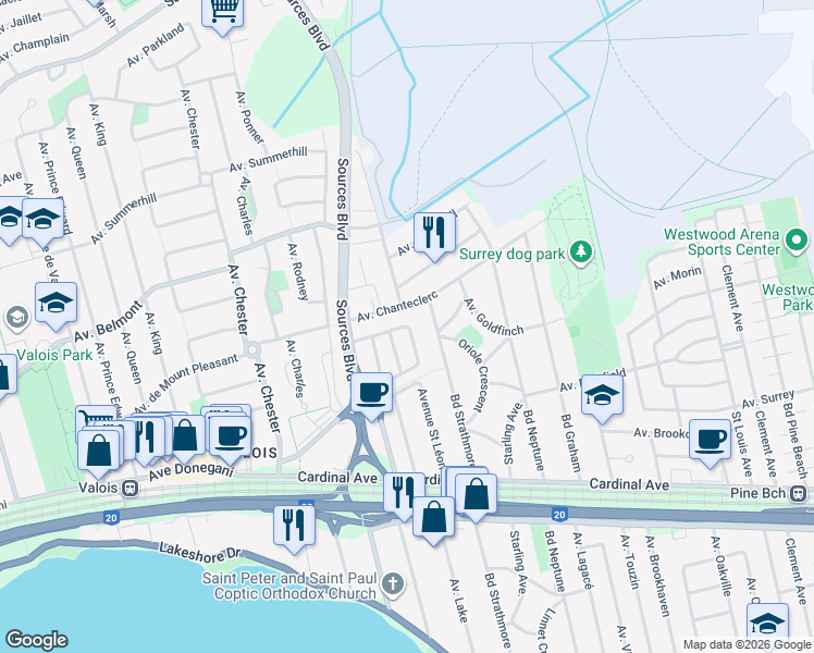 map of restaurants, bars, coffee shops, grocery stores, and more near 667 Dubord Crescent in Dorval
