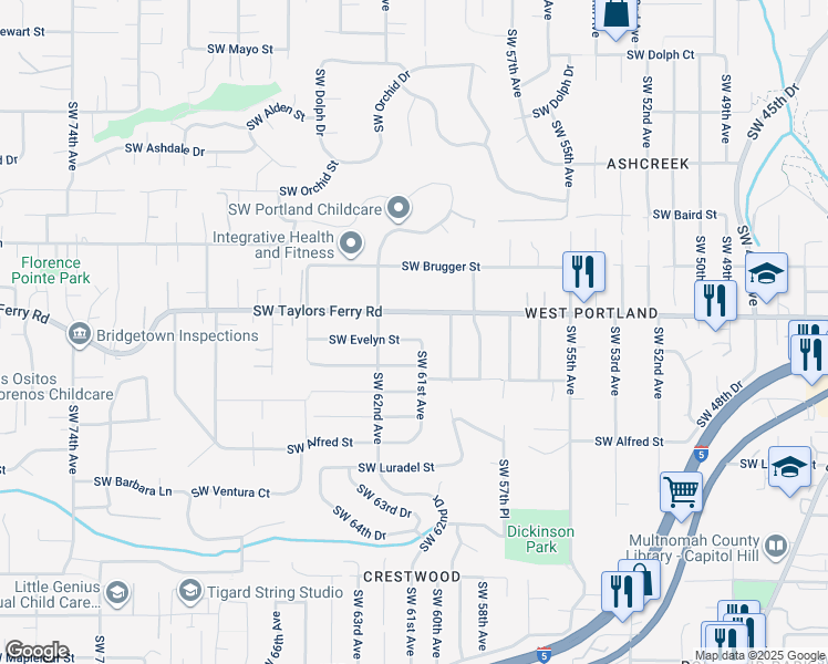 map of restaurants, bars, coffee shops, grocery stores, and more near 6049 Southwest Evelyn Street in Portland