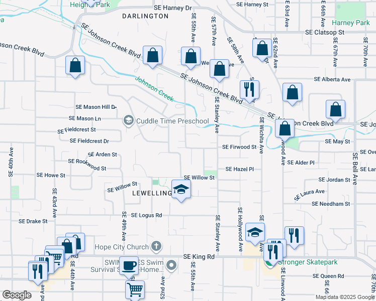 map of restaurants, bars, coffee shops, grocery stores, and more near 5410 Southeast Firwood Street in Milwaukie