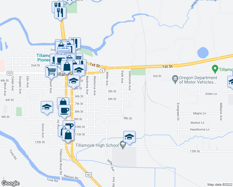map of restaurants, bars, coffee shops, grocery stores, and more near 2517 5th Street in Tillamook