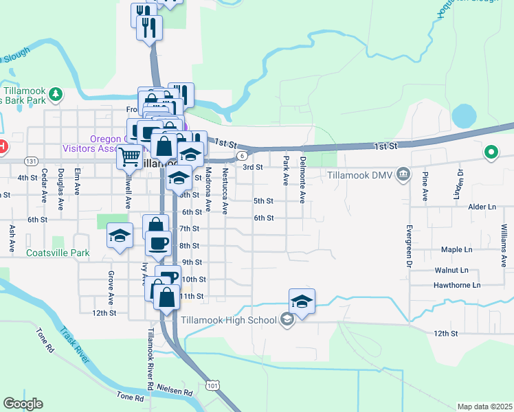 map of restaurants, bars, coffee shops, grocery stores, and more near 2411 5th St in Tillamook