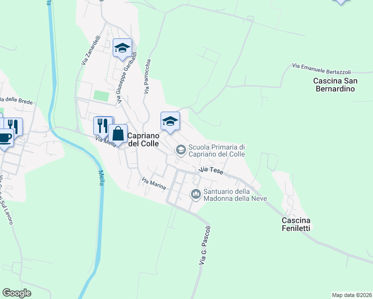 map of restaurants, bars, coffee shops, grocery stores, and more near 18 Via dei Ronchi in Capriano del Colle
