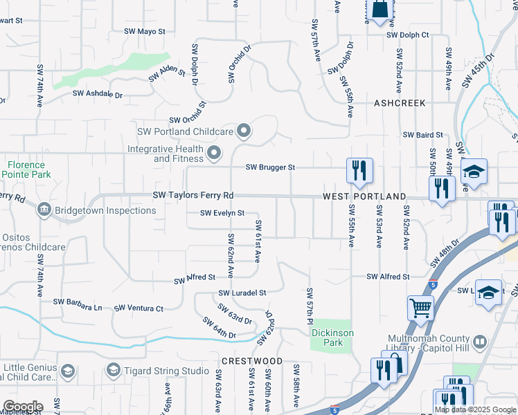 map of restaurants, bars, coffee shops, grocery stores, and more near 6049 Southwest Evelyn Street in Portland