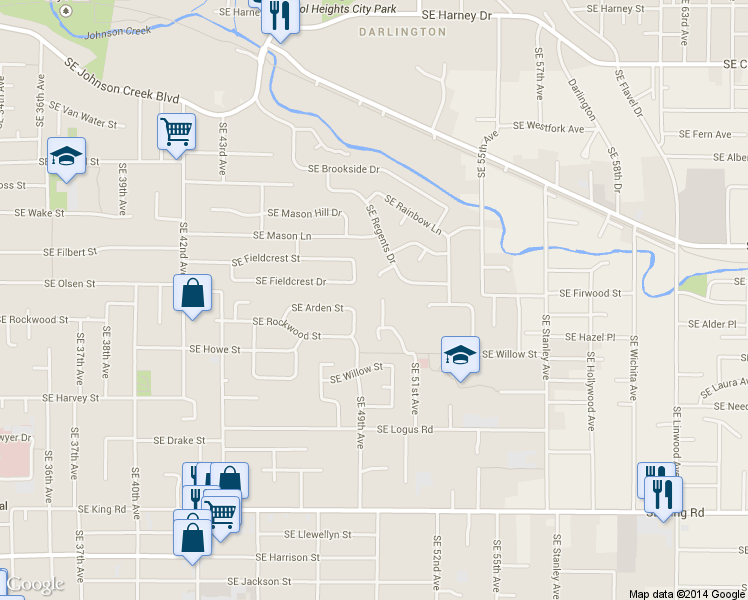 map of restaurants, bars, coffee shops, grocery stores, and more near 4997 Southeast Winworth Court in Milwaukie