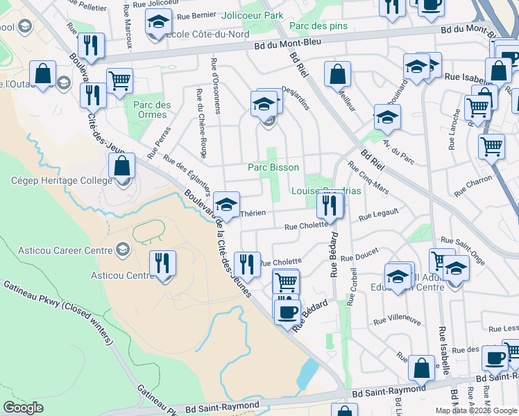 map of restaurants, bars, coffee shops, grocery stores, and more near 44 Rue Thérien in Gatineau
