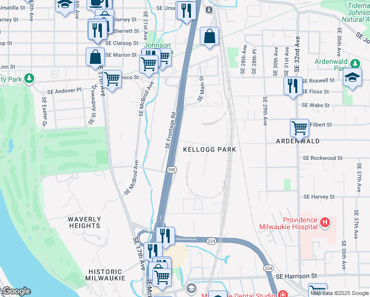 map of restaurants, bars, coffee shops, grocery stores, and more near 2200 Southeast Mailwell Drive in Milwaukie