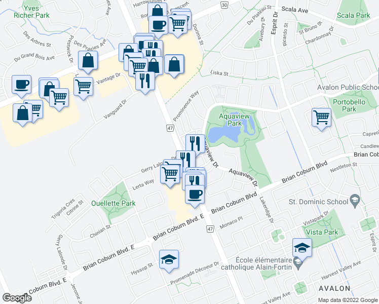 map of restaurants, bars, coffee shops, grocery stores, and more near Lakepointe Drive in Ottawa