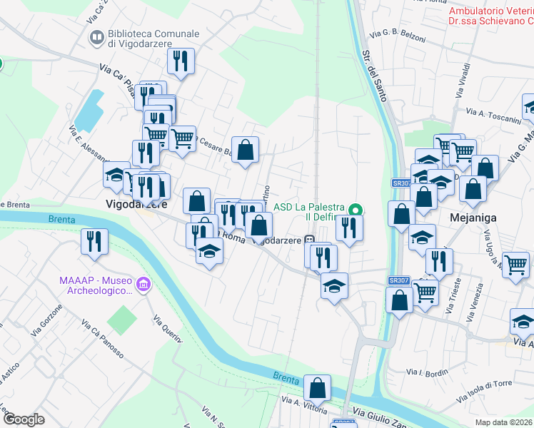 map of restaurants, bars, coffee shops, grocery stores, and more near 3 Via Venezia in Vigodarzere
