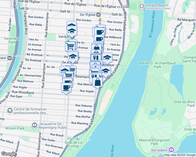 map of restaurants, bars, coffee shops, grocery stores, and more near 5200 Rue Wellington in Montréal