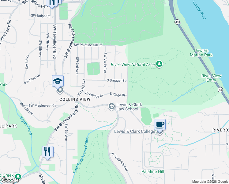 map of restaurants, bars, coffee shops, grocery stores, and more near 0235 Southwest Ridge Drive in Portland