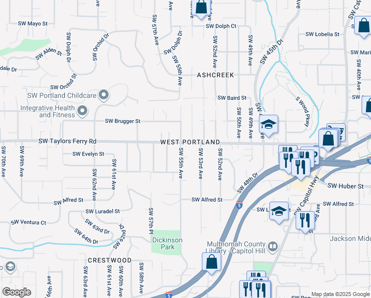 map of restaurants, bars, coffee shops, grocery stores, and more near 5420 Southwest Taylors Ferry Road in Portland