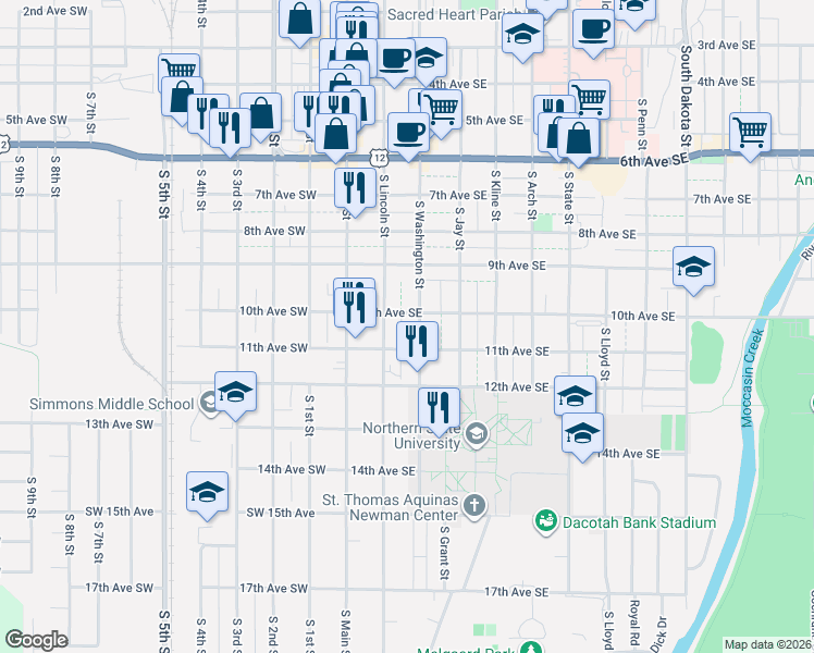 map of restaurants, bars, coffee shops, grocery stores, and more near 1004 South Washington Street in Aberdeen
