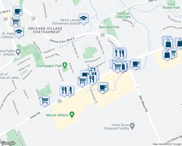 map of restaurants, bars, coffee shops, grocery stores, and more near 6542 Tooney Drive in Ottawa