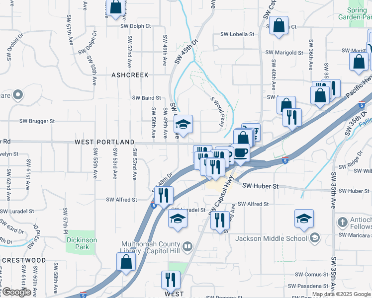 map of restaurants, bars, coffee shops, grocery stores, and more near 4710 Southwest Taylors Ferry Road in Portland