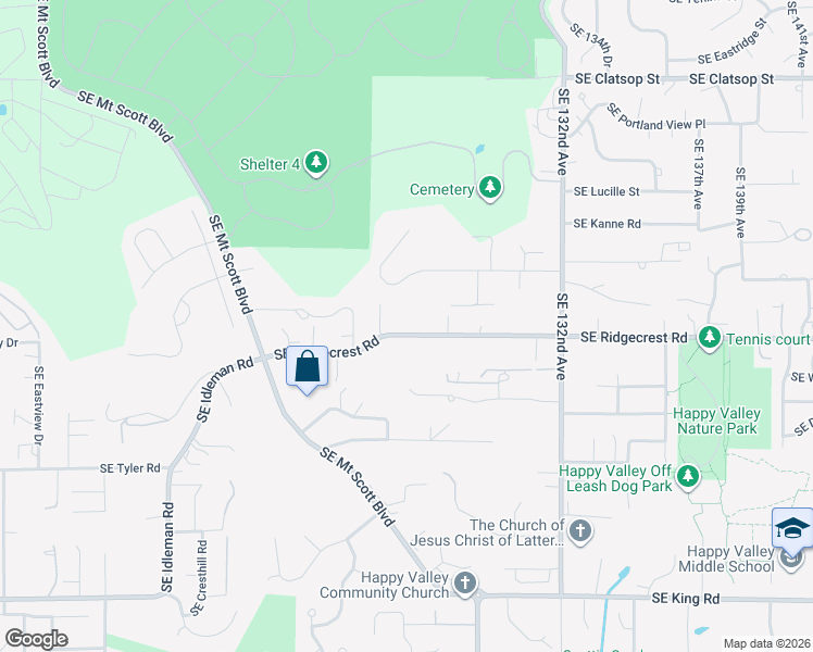 map of restaurants, bars, coffee shops, grocery stores, and more near 12525 Southeast Ridgecrest Road in Happy Valley