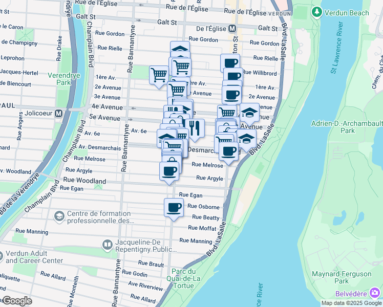 map of restaurants, bars, coffee shops, grocery stores, and more near in Montreal
