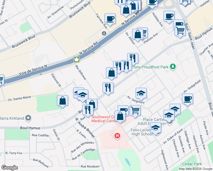 map of restaurants, bars, coffee shops, grocery stores, and more near 325 Boulevard Hymus in Pointe-Claire