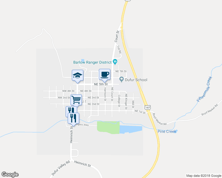 map of restaurants, bars, coffee shops, grocery stores, and more near 409 Northeast Court Street in Dufur