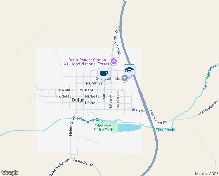 map of restaurants, bars, coffee shops, grocery stores, and more near 409 Northeast Court Street in Dufur