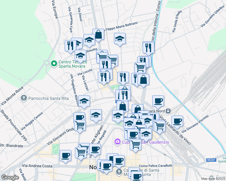 map of restaurants, bars, coffee shops, grocery stores, and more near 12 Corso Risorgimento in Novara