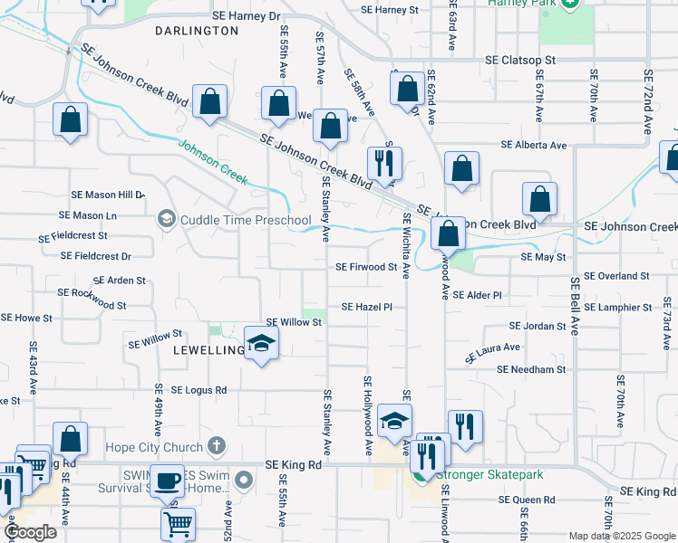 map of restaurants, bars, coffee shops, grocery stores, and more near 5810 Southeast Firwood Street in Milwaukie