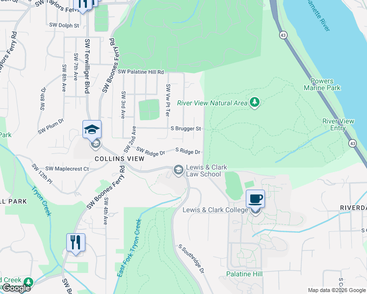 map of restaurants, bars, coffee shops, grocery stores, and more near 0235 Southwest Ridge Drive in Portland
