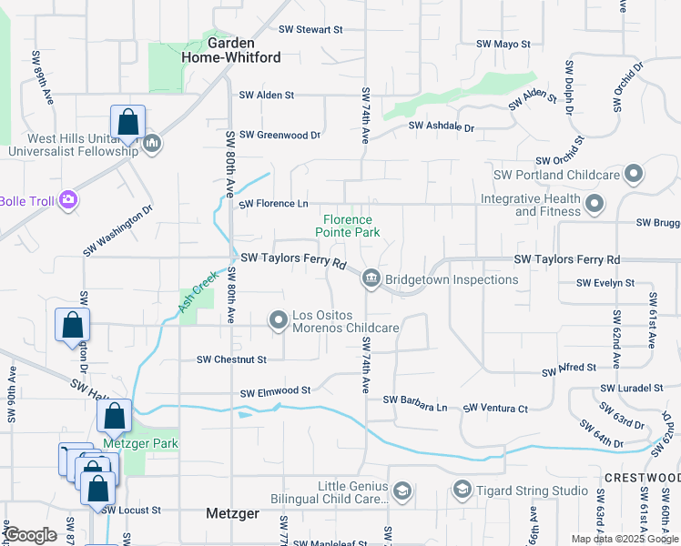 map of restaurants, bars, coffee shops, grocery stores, and more near 7480 Southwest Taylors Ferry Road in Portland