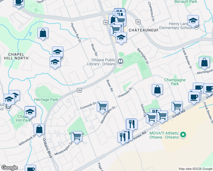 map of restaurants, bars, coffee shops, grocery stores, and more near 1698 Teakdale Avenue in Ottawa