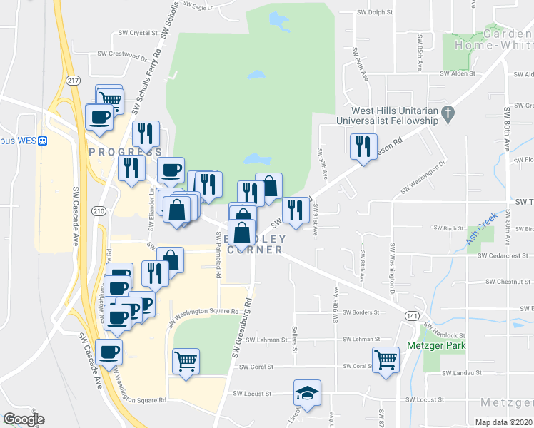 map of restaurants, bars, coffee shops, grocery stores, and more near 9115 Southwest Oleson Road in Portland