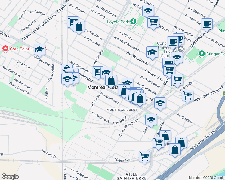 map of restaurants, bars, coffee shops, grocery stores, and more near 137 Avenue Westminster in Montréal-Ouest