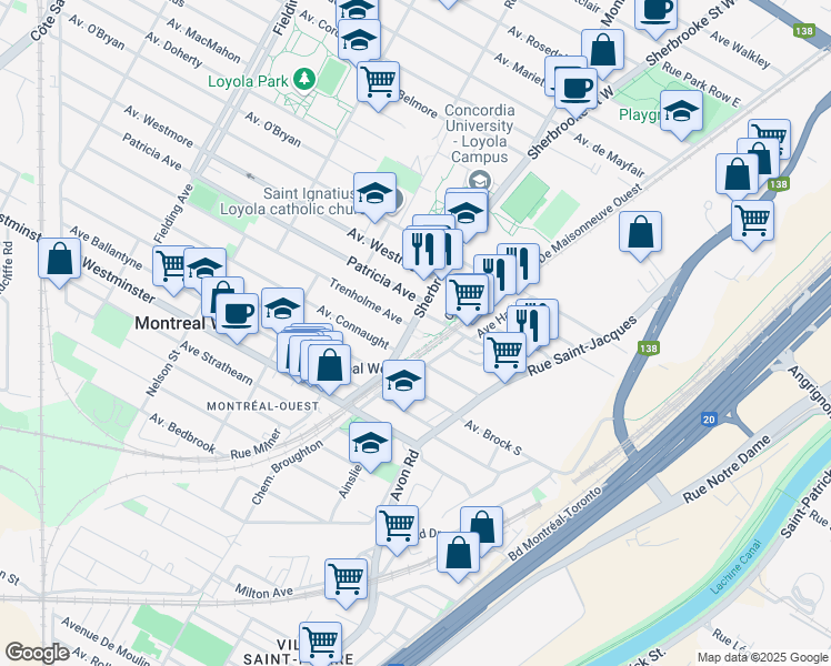 map of restaurants, bars, coffee shops, grocery stores, and more near 7470 Rue Sherbrooke Ouest in Montréal