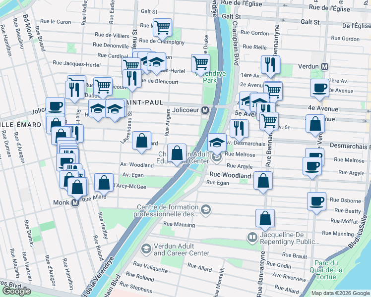 map of restaurants, bars, coffee shops, grocery stores, and more near 1442 Avenue Émard in Montréal